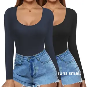 Women's 2 piece Scoop Neck Tops Long Sleeve Slim Fit T Shirt Thermal Shirts Basic Tight Tee thin