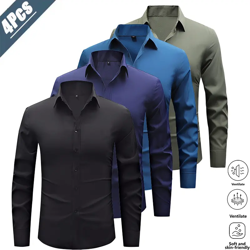 Four-piece set of versatile men’s dress shirts for business wear—light‑mature everyday style. Breathable, skin‑friendly, wrinkle‑resistant fabric that’s durable and easy to care for. Classic notched lapel design enhances an elegant look, while a single‑br