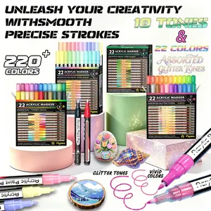 Flysea Acrylic Paint Markers Set, 22 Pieces, 0.7mm Fine Tip, Quick Dry, Non-Discoloring, Ideal for Stone, Wood, Metal, Glass, Canvas, DIY Art, Colored Pens Set