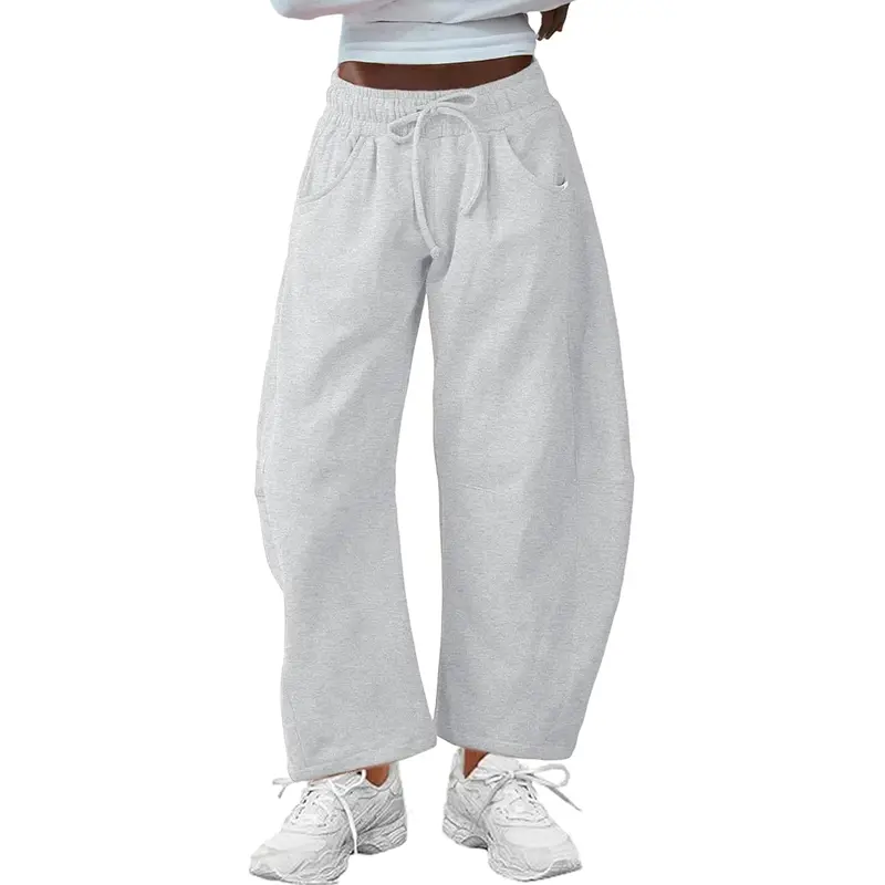 Tanming Women's Barrel Leg Pants Basic or Fleece Lined Elasticated Waist and Soft Wide Leg Pants with Pockets Casual All-Season Sweatpants