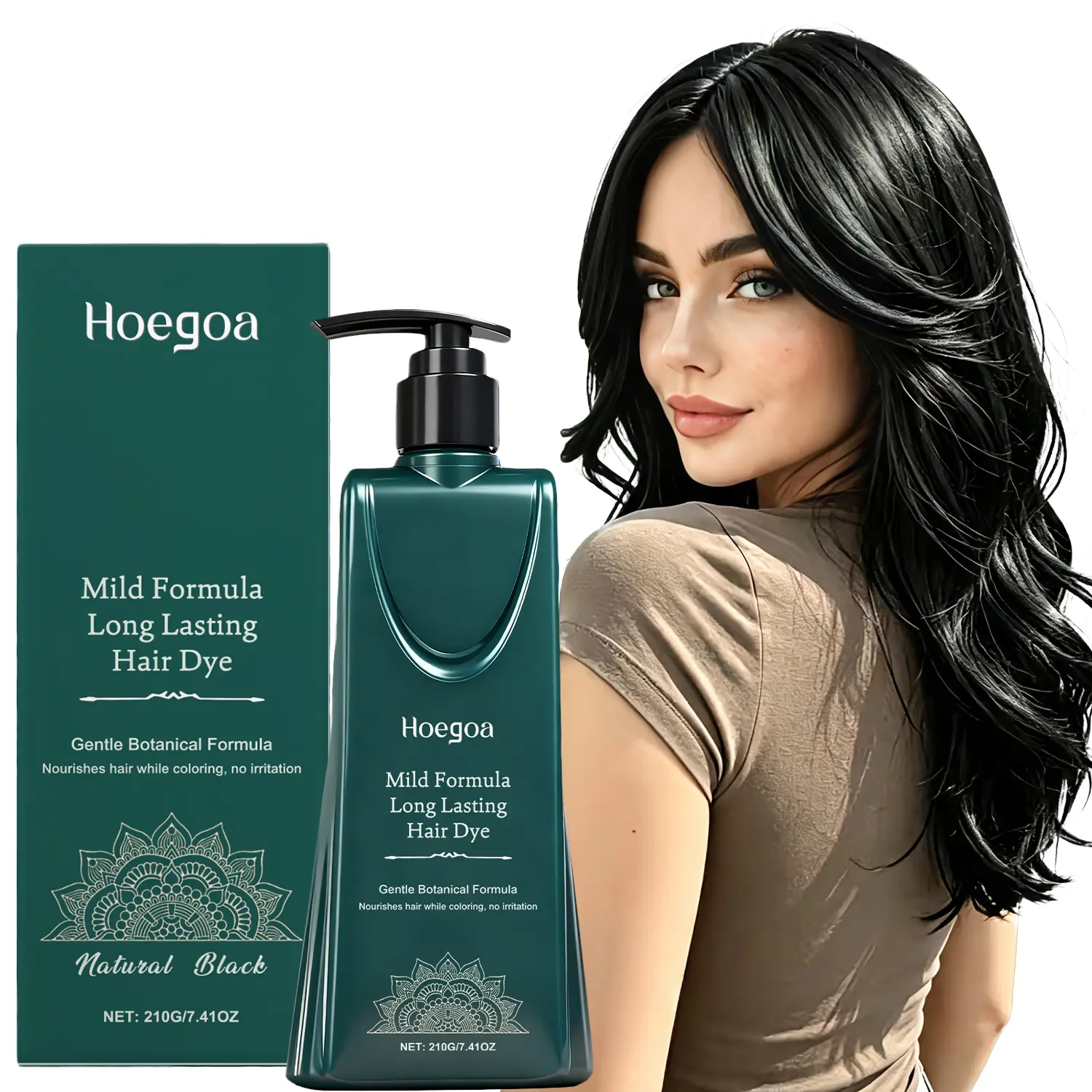 Natural Black Hair Dye Cream, Botanical Hair Color for Gray Coverage, Mild & Gentle Formula, Easy At-Home Coloring, Nourishing & Long-Lasting Natural Black Color, Men & Women, 210g