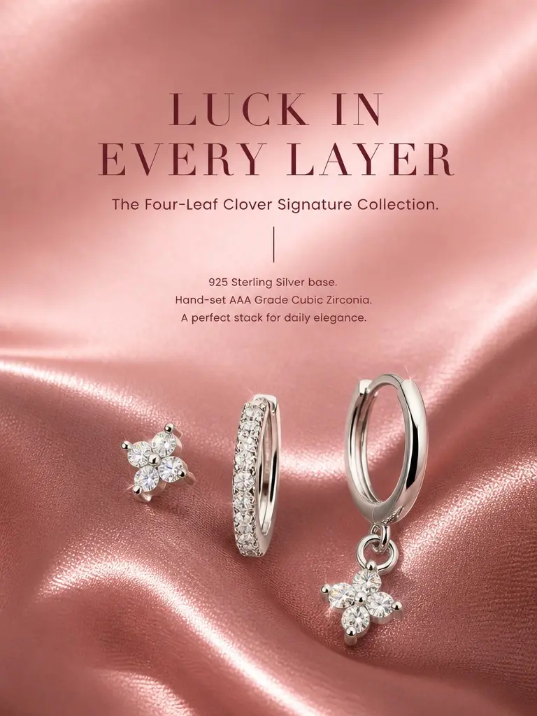 Lucky Four-Leaf Clover 3-Piece Stackable Earring Set, Dainty Hoop Studs with Micro-Paved AAA Cubic Zirconia, Light Luxury Daily Jewelry Gift Box