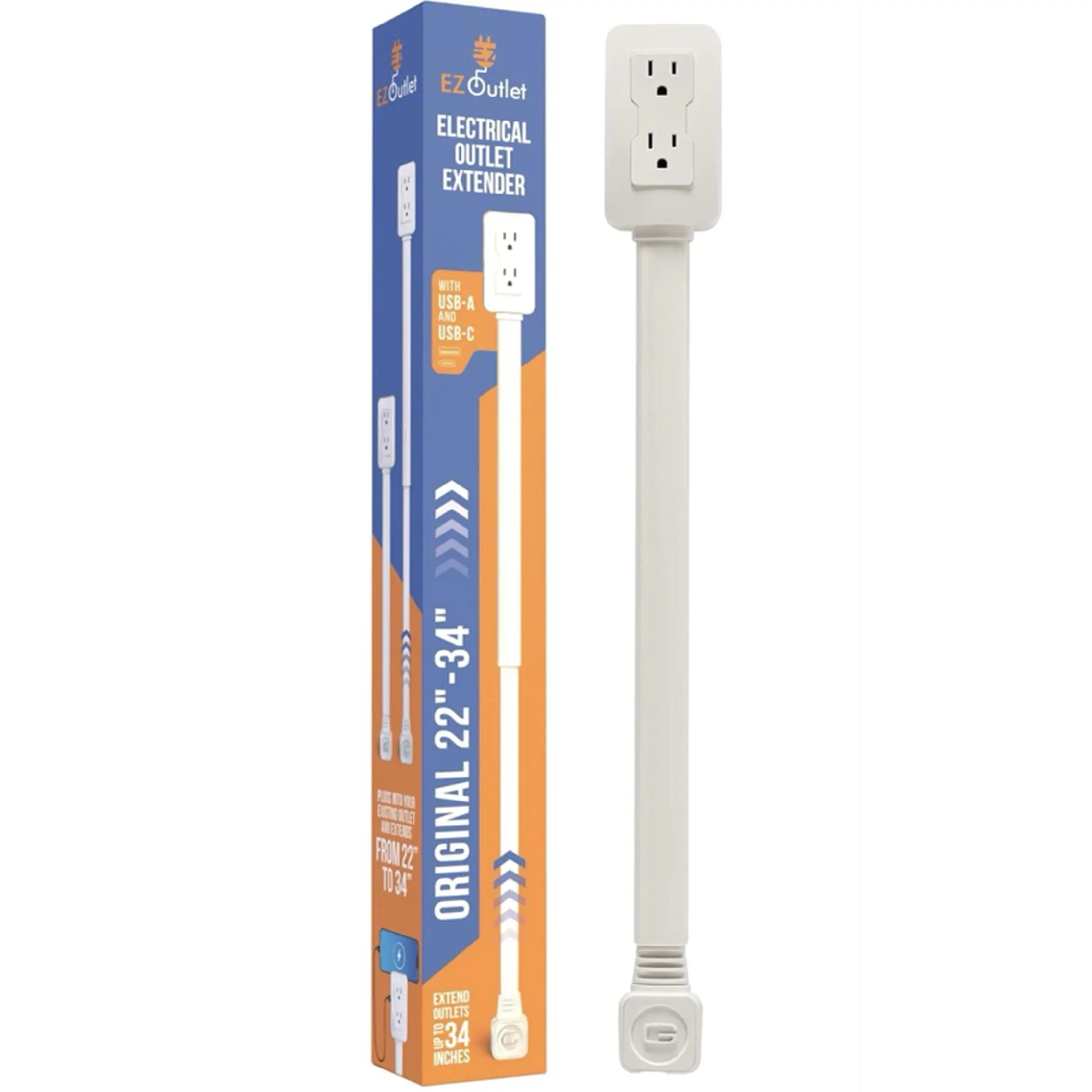 EZ Outlet Original 22" to 34" Electrical Outlet Extender with USB-A & USB-C Ports for Home Use