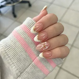 24pcs Long Almond French Gold Powder Bow Pearl Design Press-On Nails Set, Perfect Fit False Nail Kit, Easy Wear, Ideal for Parties, Dance, Daily Use, French Tip Nails, Fake Nails Kit
