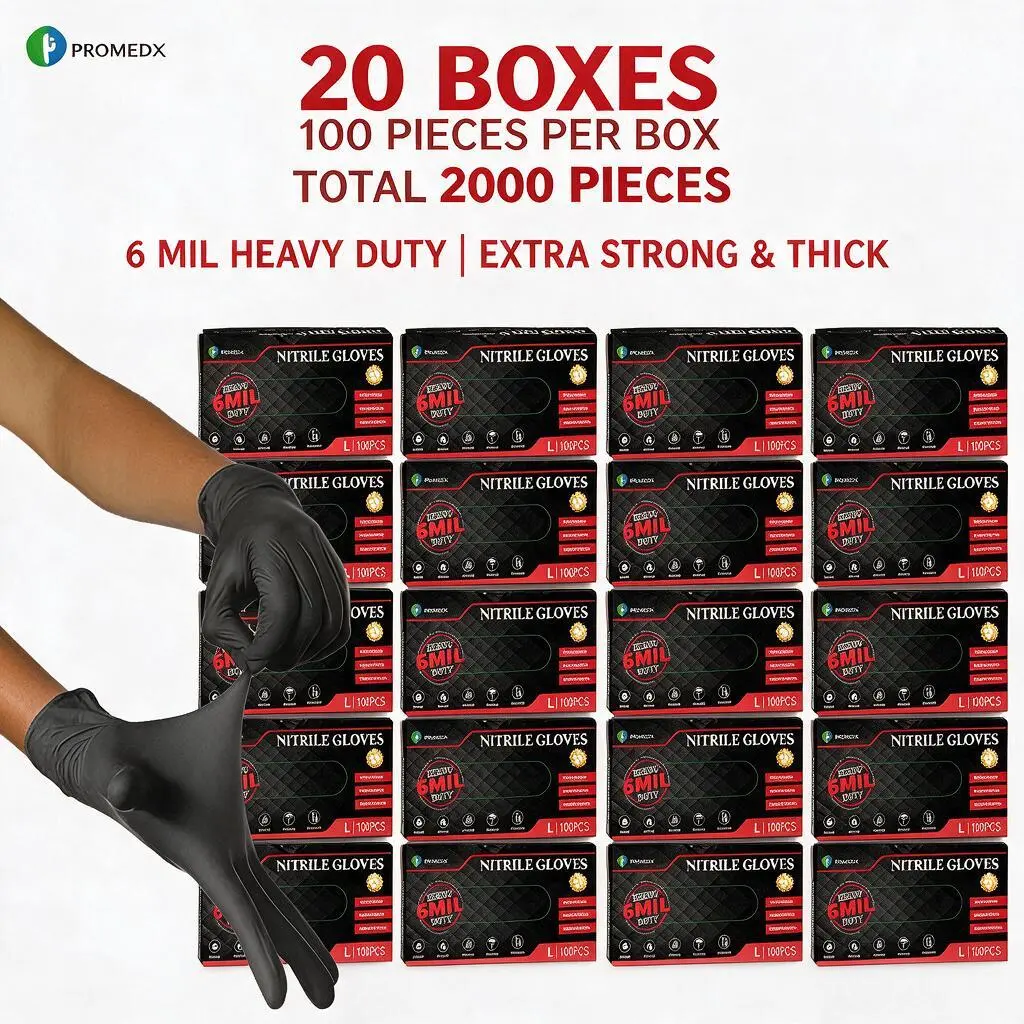 PROMEDIX P Heavy Duty Nitrile Gloves, 6mil Thickened Rugged Nitrile Material, 100-Count Black Disposable Waterproof Latex-Free Powder-Free Pet Hair Remover Gloves for Industrial Auto Repair, Home Care Cleaning, Thickened Cleaning Gloves sohochic