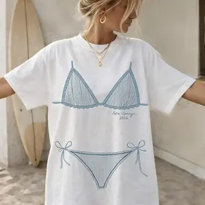 Bachelorette Party Bikini Graphic Oversized T-Shirt Women Brides Bridesmaids Coastal Coquette Preppy Beach Aesthetic White Cotton Blend