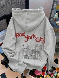 Unisex Oversized Drawstring Hoodie, Featuring Pockets, Retro New York City Graphic Print, Soft Fleece Fabric, Trendy Vintage Street Style, Perfect for Casual Outings & Daily Wear