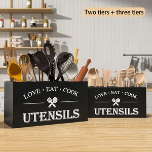 Kitchen Utensil Holder with 3 Compartments, Rustic Wooden Storage Organizer Box Vintage Cutlery Farmhouse Flatware Utensil Caddy Countertop for Silverware Fork Spoon Spatula