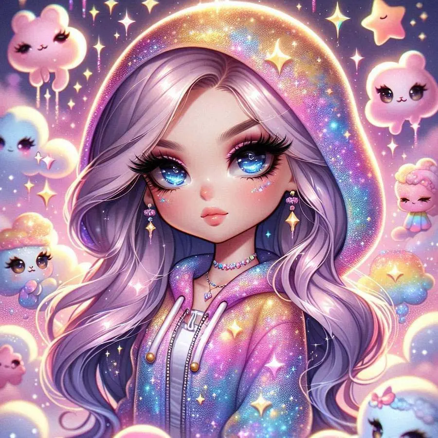 1pcs 5D DIY diamond painting kit, 5D diamond art set, DIY decoration, rainbow hoodie, purple long hair, cartoon clouds. Full round drill DIY diamond painting kit, mosaic, diamond art, DIY home decoration, suitable for Halloween and Christmas.