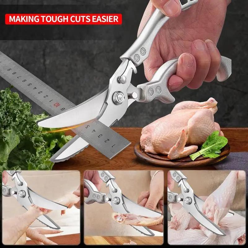 Poultry Shears Heavy Duty Professional Multipurpose Kitchen Shears Spring Loaded Stainless Steel Chef Scissors for Cutting Bone Chicken Fish Food Meat Full Steel Handle Silver