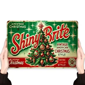 Vintage Christmas Themed Metal Sign, Shiny Brite Tree & Star Pattern Wall Decor, Wall Decor for Home, Kitchen, Bar, Restaurant, Office, Garden, Garage, Ornaments