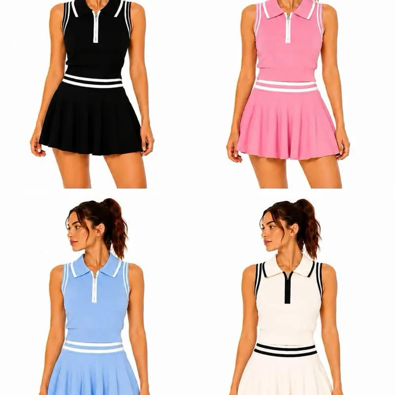 Women's Premium 2-Piece Breathable Loose-Fitting Athletic Suits - Sleeveless Polo Top, Pleated Skirt, Stylish New Clothes Set