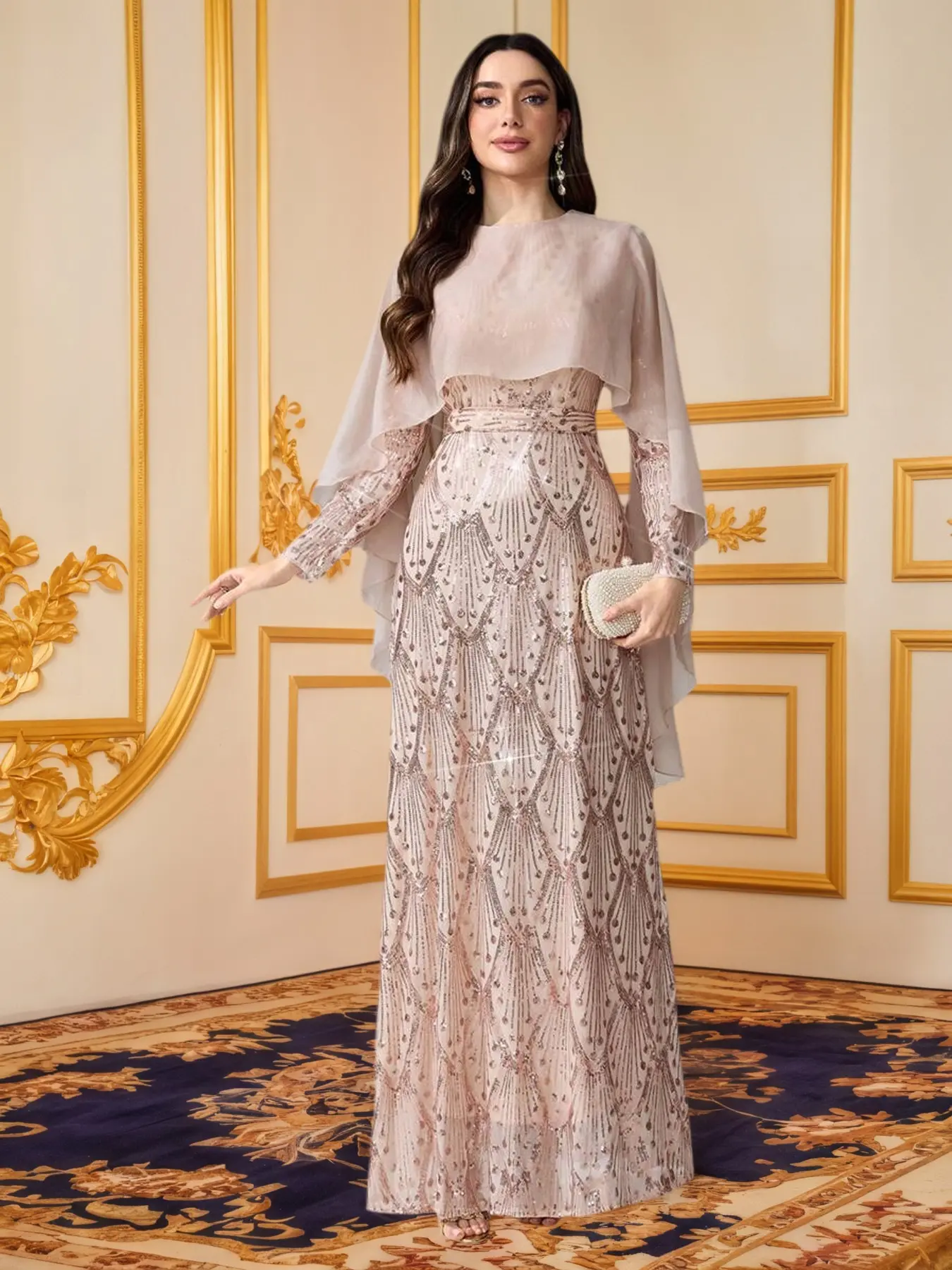 Women's Luxury Sequin & Ruffle Trim Formal Evening Gown, Formal Wear, Long Sleeves, Heavy Embellished Maxi Dress, Beaded Design, Aesthetic, Elegance, Perfect for Weddings & Parties