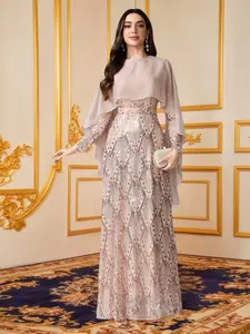 Women's Luxury Sequin & Ruffle Trim Formal Evening Gown, Long Sleeves, Heavy Embellished Maxi Dress, Beaded Design, Perfect for Weddings & Parties