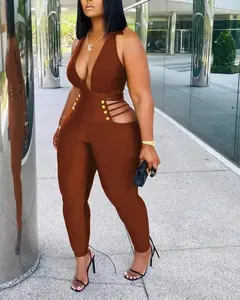 Deep V Cutout Jumpsuit - Sexy Sleeveless Bodycon
