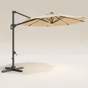 Garvee 10FT Patio Umbrella,Offset Patio Umbrella with Solar Lights with Base&Crank Handle,with 360 Degree Rotation,Easy Tilt Adjustment for Pool Deck Garden Backyard Beige