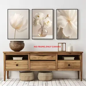 3-Piece Set, Nordic Beige Peony Fabric-Faced Oil Painting, Modern Botanical Floral Poster, Aesthetic Wall Decor, Home Accent, Frameless Canvas Print, 2D Flat Art