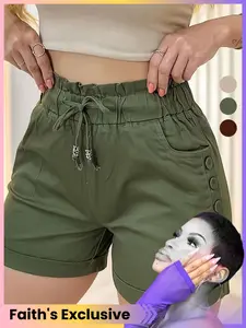 Women's Solid Button Pocket Cargo Shorts, Casual Elastic Waist Shorts for Summer, Ladies Bottoms for Daily Wear