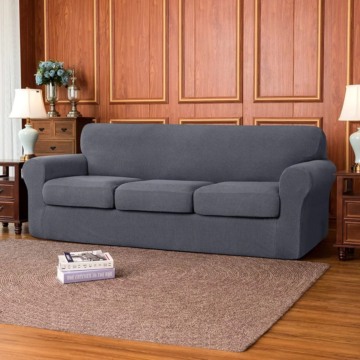 4-Piece Stretch Textured Grid Sofa Cover Slipcover, Crafted from 95% polyester and 5% spandex thick textured fabric, Separate Cushion Cover(Gray, Sofa)
