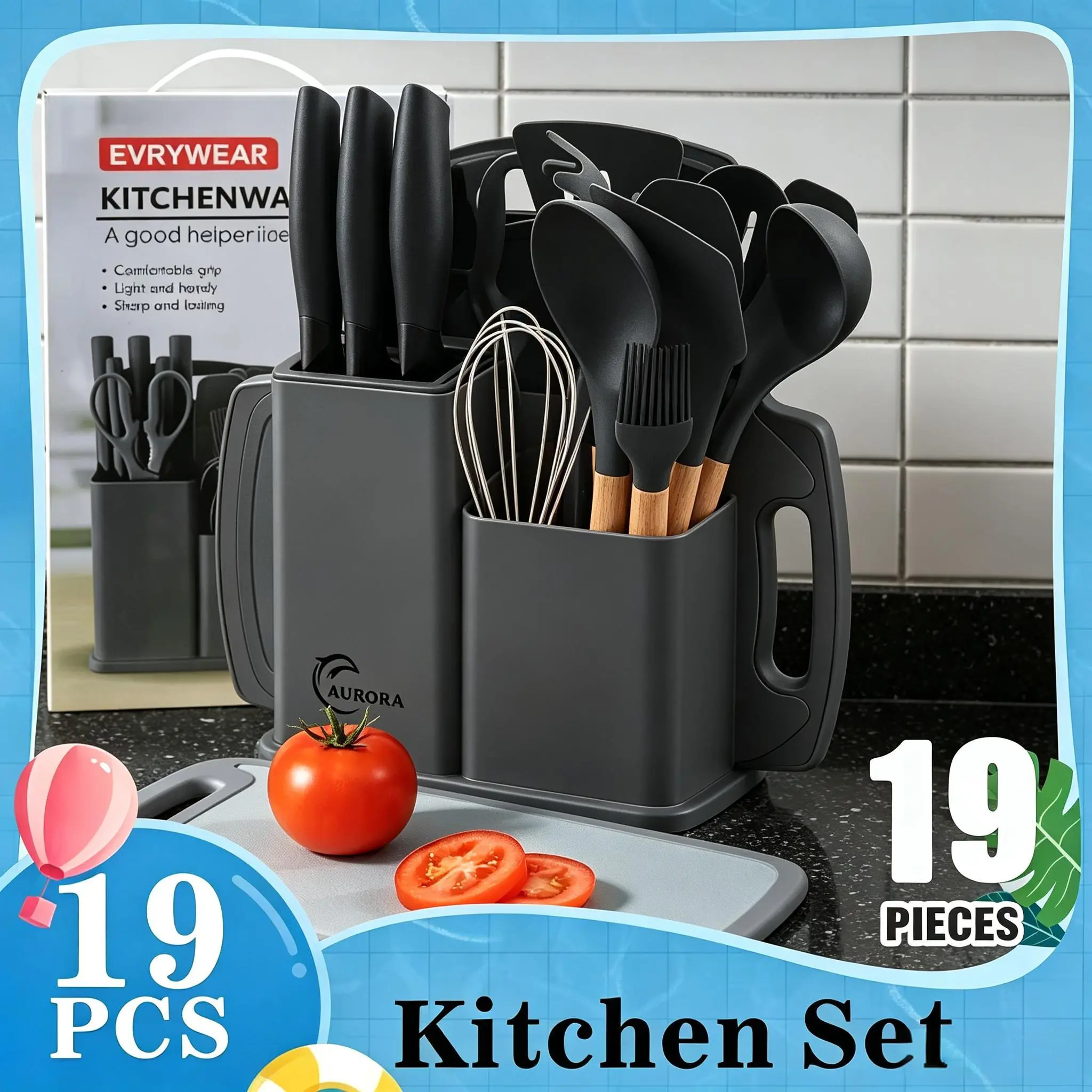 19 Piece Kitchen Knife Set, Silicone KitchenUtensils Set, Clear Storage Rack, Can Cut Meatand Vegetables, Can Cook Noodles, Can MakeSoup, Can Stir-Fry, Gift Set. pots pans set. Nonstick Cookware Wooden Stylish White Black Cooking Set Cooking Set