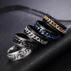 Men's Vintage Stainless Steel Link Anxiety Ring Simple Punk Fashion Chain Turnable Ring