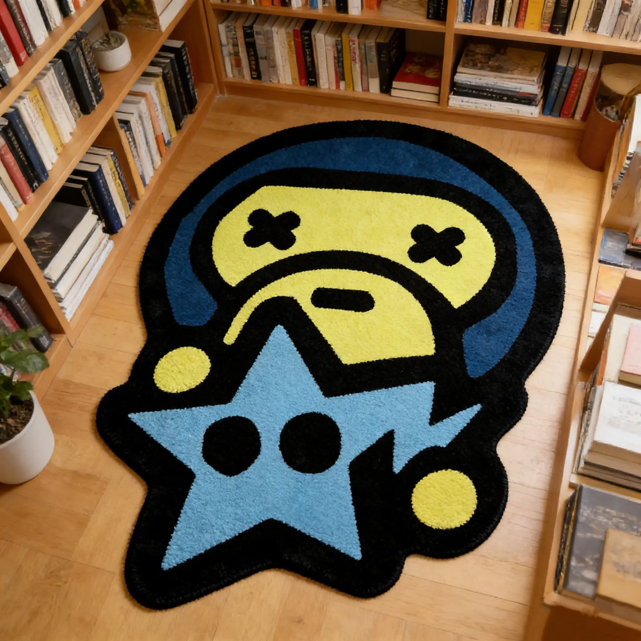 Trendy cartoon monkey star shaped carpet, blue and yellow contrasting velvet floor mat, study anti slip and wear-resistant foot mat, space decoration mat, Decorative area rug, suitable for ins style, home decoration, Modern area rug