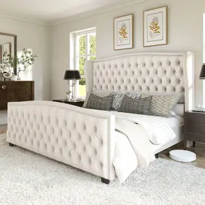 Queen/King Size Platform Bed Frame With Wingback Headboard, Velvet Upholstered Bed Frame With Handmade Button Tufted & Nailhead, Wooden Slats Support, Cream