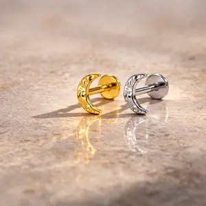 18G/16G Titanium Moon Hammer Finish Flat Back Earring, Celestial Labret Studs, Cartilage Nose Tragus Conch Helix Stud, Screw Back Earrings