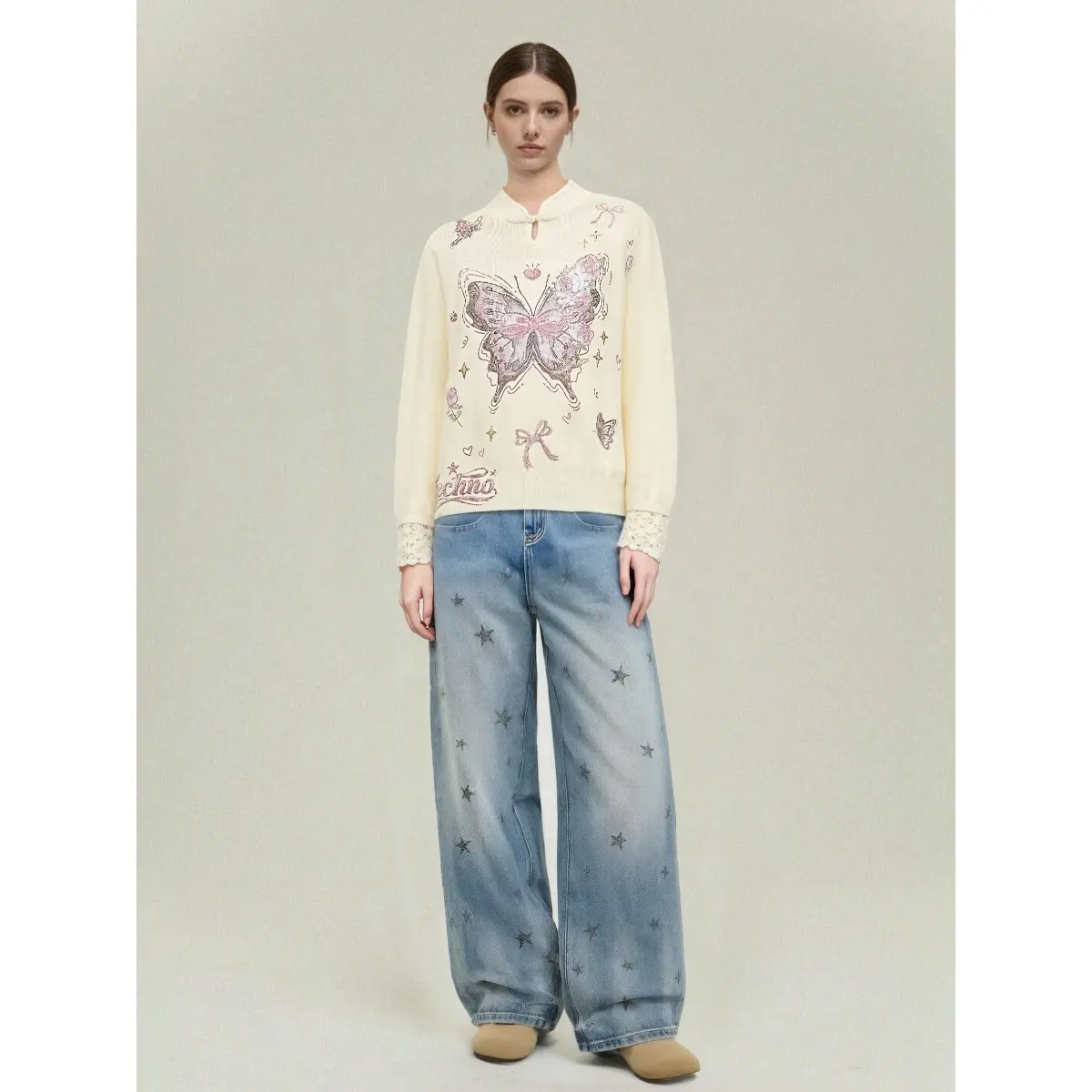 TCH - [100% Sheepskin] New Chinese style stand up collar butterfly hot stamping diamond versatile knitted sweater for women