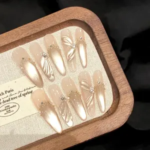 10pcs Long Side Glow Cat Eye Handmade False Nails, 3D Draped Wings Design, Milky French Style, Oval Shape, Slimming Effect Nail Set