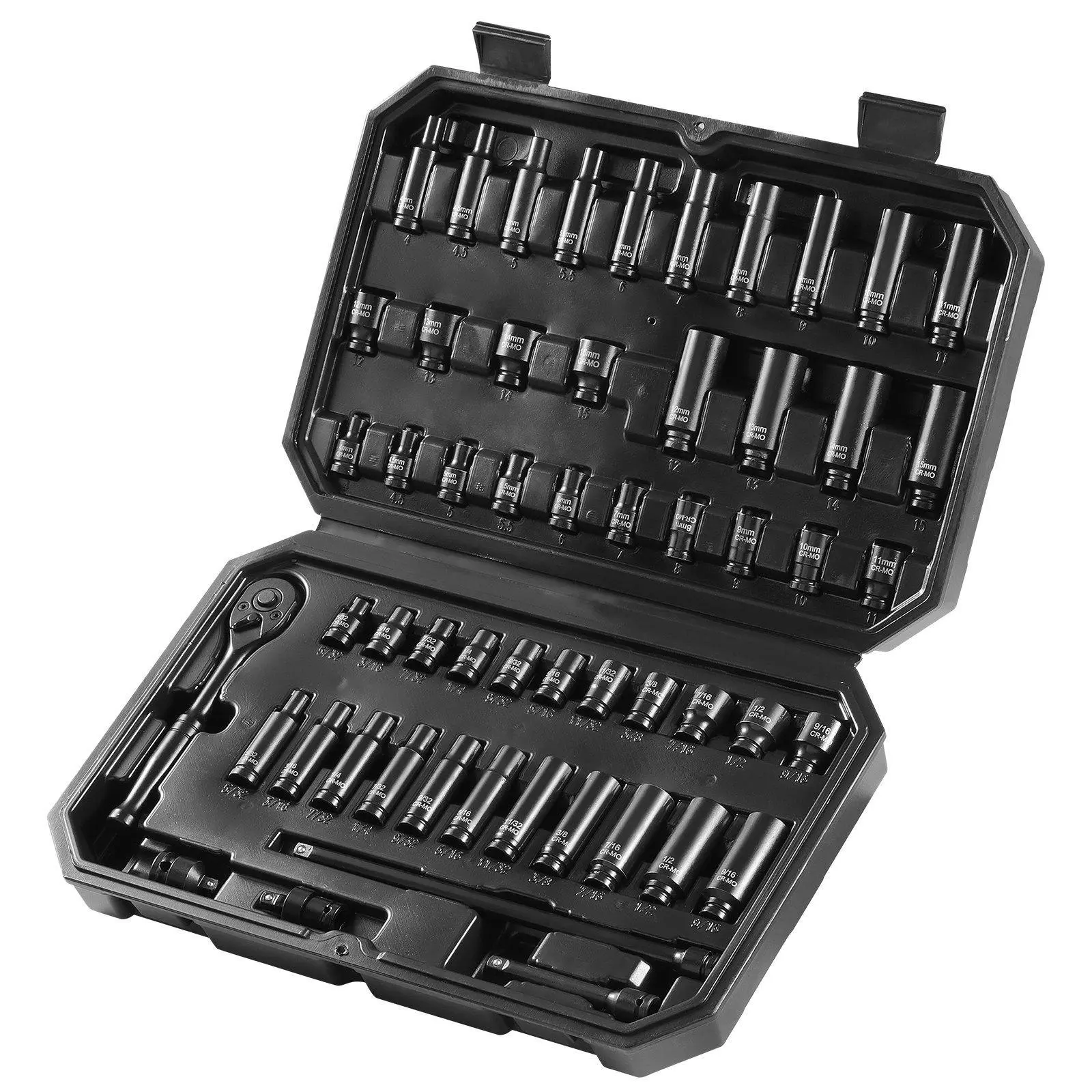 VEVOR 1/4" Drive Impact Sockets Set, 55pcs CR-V Deep/Shallow, SAE(5/32" - 9/16") & Metric(4-15 mm) , 6-Point Drive Bit Ratchet Tool Kit Case with 2 Extension Bars (3" , 8"), 1/4" Drive Ratchet Handle, 1/4" Universal Joint, and 3/8" to 1/4" Adapter