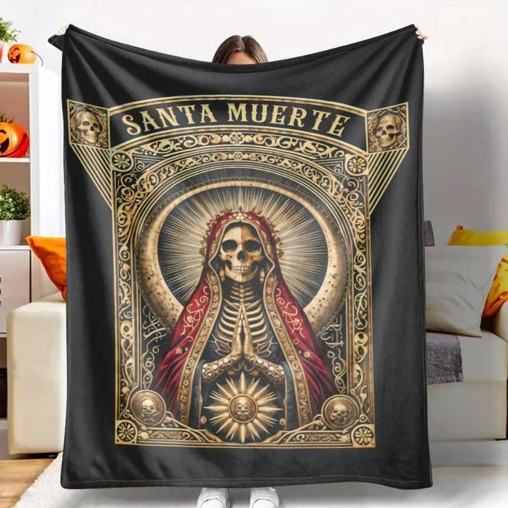 Santa Muerte Flannel Blanket - Day of the Dead Print, Even Texture, Gothic Look, Lightweight Soft, UltraSoft, Perfect for Gothic Decor, Halloween, Spiritual Practices, Thoughtful Gifting