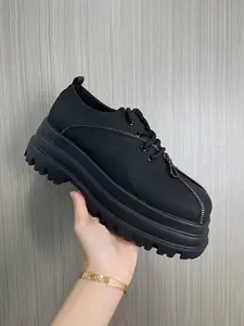 Dark Zipper Thick Sole Derby Shoes, Pure, Matte Sandpaper Finish, Metal Zippers, Chunky Laces, Gothic Style, Unisex Casual Leather Shoes