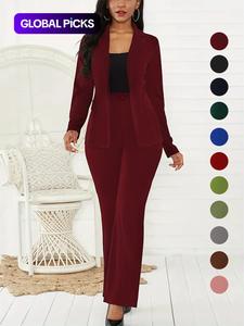 two-piece set women's plain button lapel neck blazer & suit pants, elegant business casual long sleeve outerwear & trousers for daily outdoor wear, chic women's clothing for all seasons, womenswear, women suits