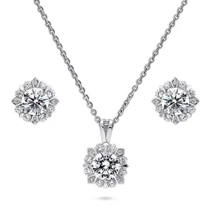Halo Flower CZ Necklace and Earrings in Sterling Silver