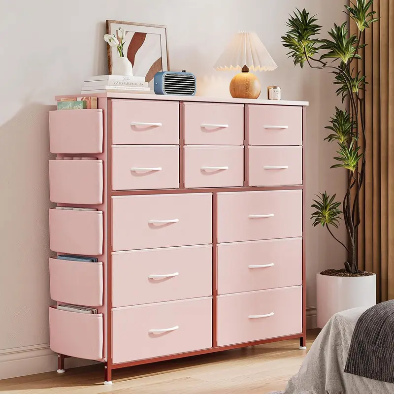 12-Drawer Sturdy Fabric Storage Dresser with Side Pockets - Lightweight Unique Bedroom Furniture Chest, Quick Set-Up, Assembly Required, Effortlessly Clean - Flexible Fit for Bedroom, Closet, Kids' Room