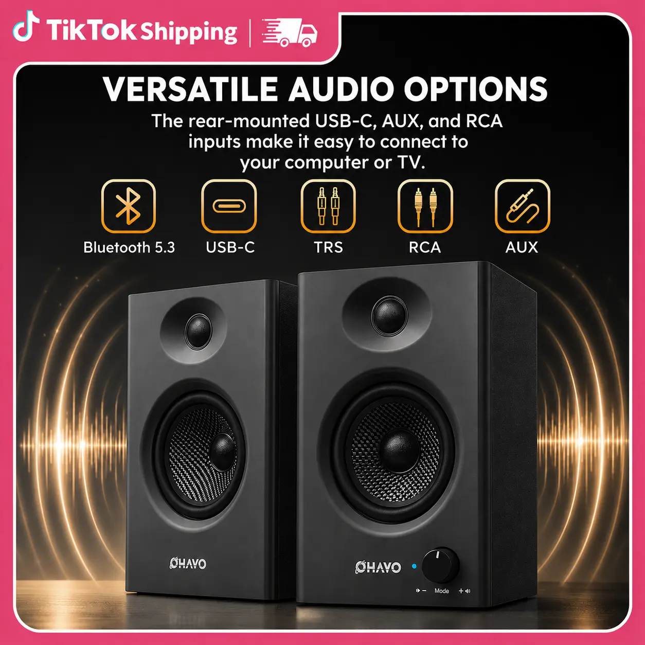 OHAYO 60W MDF Wood Bookshelf Speaker Bluetooth 5.3, Active 2.0 Stereo USB Type C Speakers for Desktop PC/Laptop, 3.5mm Aux RCA Input, 1 Pair Black Yes TikTok Shop Back to School,back to school haul