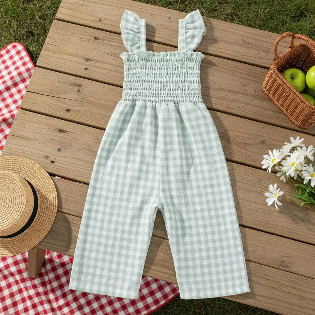 Global Baby Girls Fashionable Plaid Sleeveless Square Collar Ruffled Jumpsuit Cute Infant Holiday Outfits imported baby clothes shoulder tie jumper