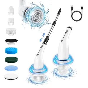 【BLOOM】Wireless Electric Spin Cleaning Brush, USB-C Charge, 4 Replaceable Heads, IPX7 Full-Body Waterproof, 3-Level Adjustable Extension Handle (3 Lengths), 2-Speed, for Bathroom, Kitchen, Pool