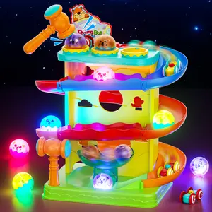 2-in-1 Rolling Ball & Racing Car Ramp Toy for Toddlers, Race Track Hammer Lights Ball Drop, Interactive Montessori Learning Game Birthday Gift Idea for Kids Ages 2, 3, 4, 5+ Years Old Girls Boys