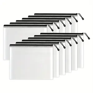 12pcs Zippered Mesh Plastic Pouch Pack, Waterproof Zip Organizer Bags, Office Document Holder for Travel Use, Black A4/A3 Sizes, Ideal Gift for Stationery Storage