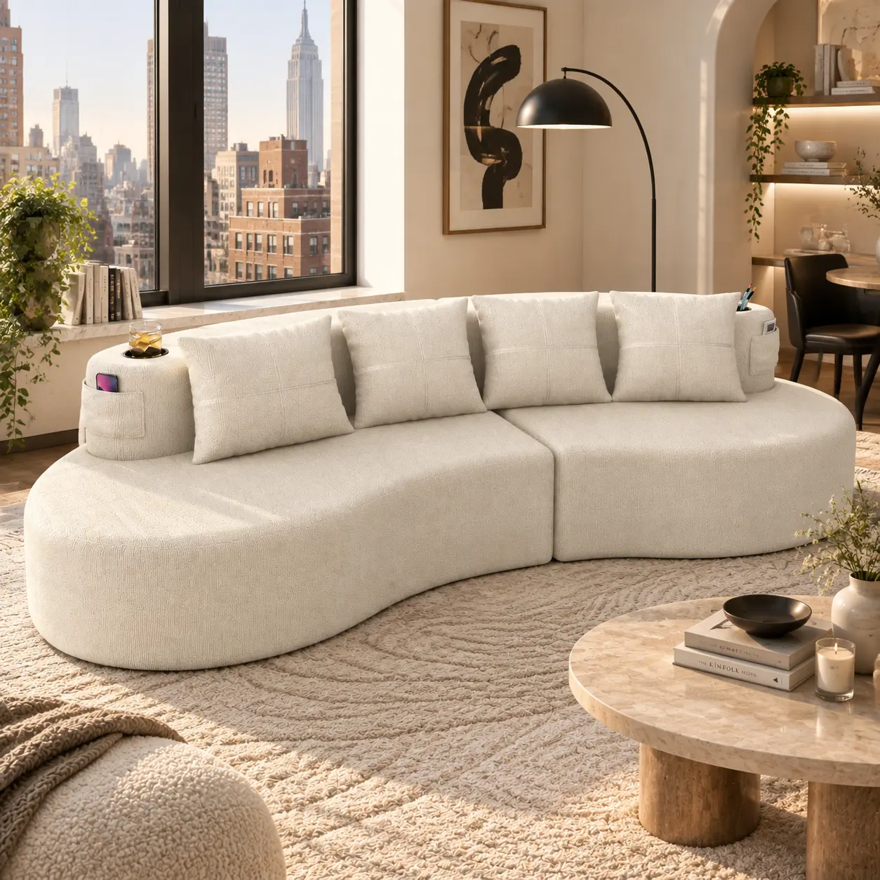 Modern Boneless L-Shape Modular Sofa - 3-Seat Neutral Comfy Couch with Horizontal Armrest, Curved Half Moon Compressed Design, Clean Aesthetic, Flexible Layout, Boneless Sectional Couch for Living Room, Apartment Indoor Furniture