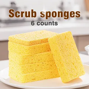 Wood Pulp Cotton 6 Counts, Natural Plant Based Wood Pulp Sponge, Dishwashing Sponge, Heavy Duty Fiber Sponge for Kitchen, Right Angle, Yellow