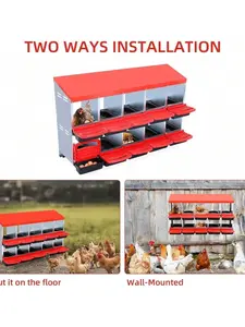 Red Metal Poultry Nesting Boxes with Perch and Lid Cover, 8-Hole/10-Hole Roll Away Egg Laying Options, Wall-Mount or Free Standing Design