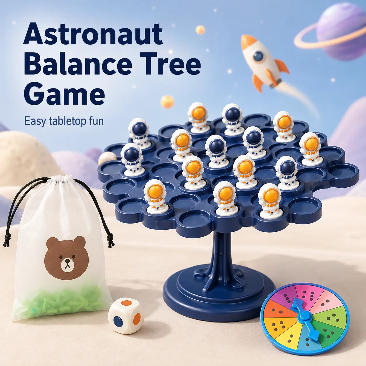 [Dealsforyou] Astronaut Balance Tree Game with 50 Astronaut Pieces, Spinner, Die & Storage Bag, Tabletop Family Stacking Challenge