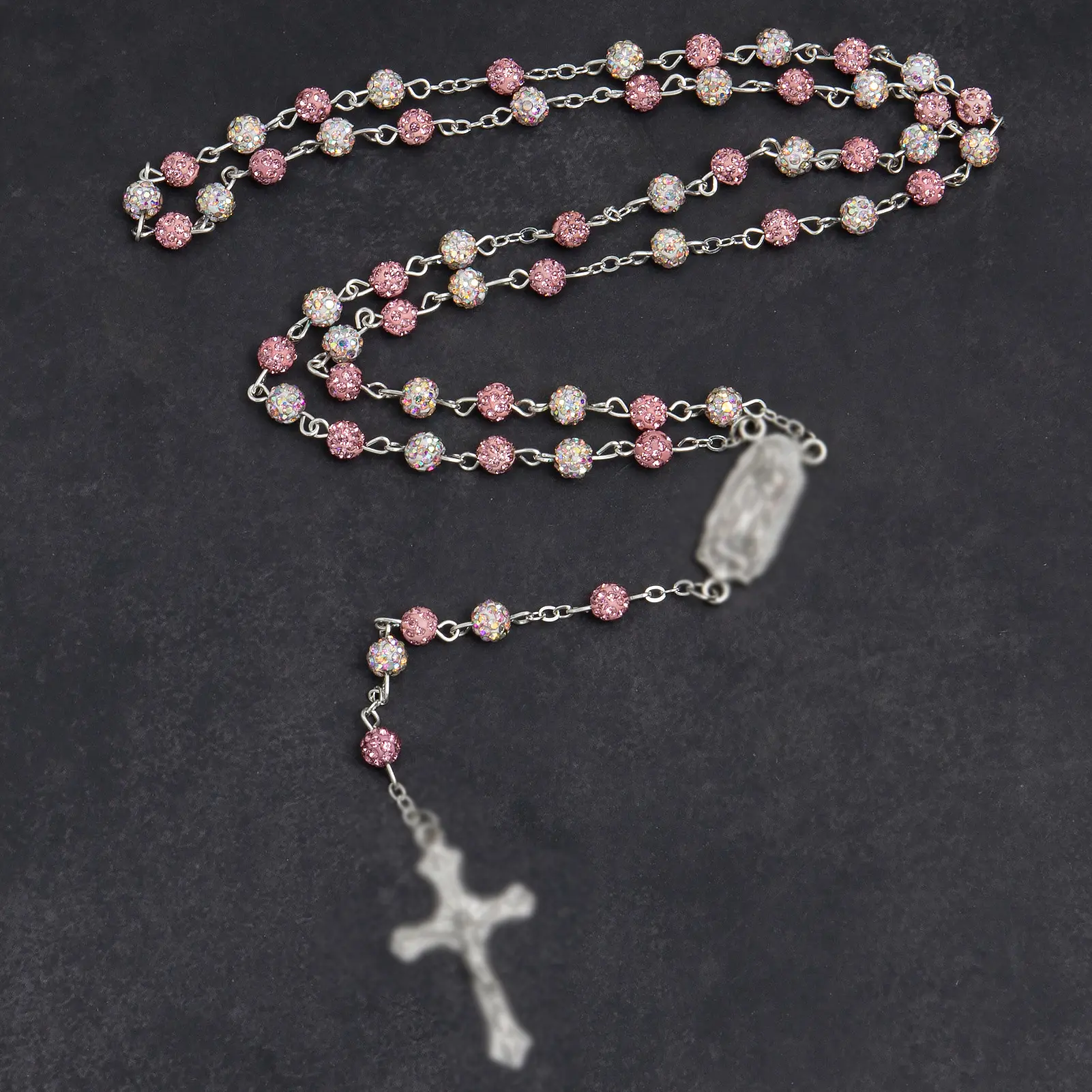 AB Crystal Bead Rosary Necklace with 6MM Soft Clay Diamond Ball and Cross Charm for Prayer Baptism Gifts Religious Jewelry