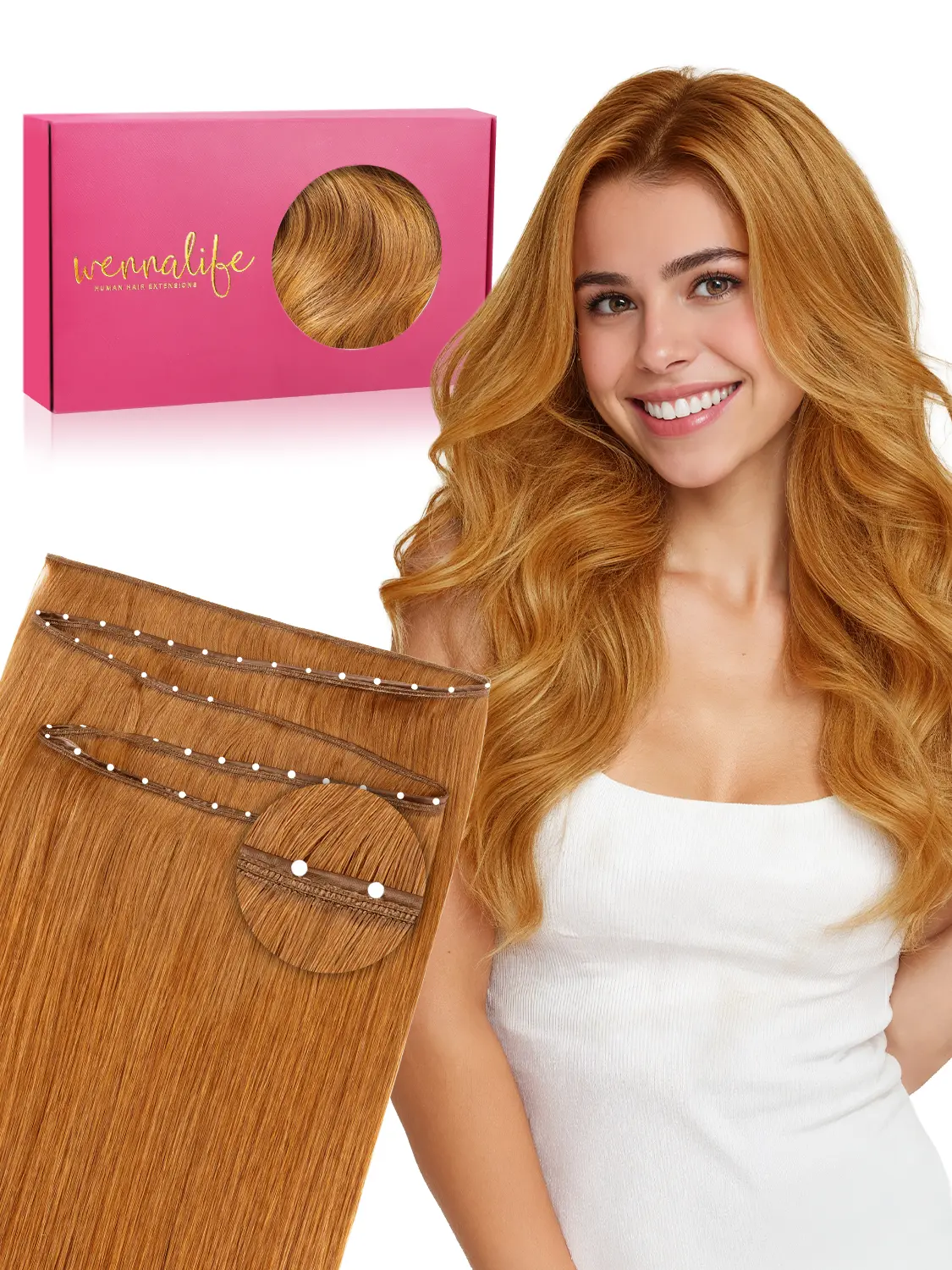 WENNALIFE Double Genius Butterfly Weft Hair Extensions Human Hair, Genius Weft Hair Extensions 80g-120g 14 Inch to 24 Inch Auburn Ginger Add Volume and Length Real Human Hair Reusable Invisible Extensions #TikTokShopSummerSale