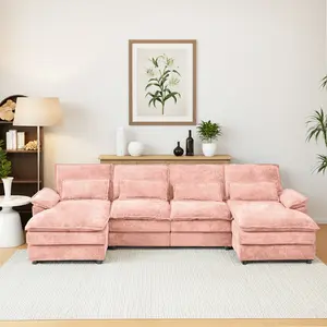U_Style 110" Modular U-Shaped Sectional Couch - 4-Seater Chenille Cloud Sectional Sofa, Double Chaise with Removable Covers, Pillow Top Arms, Deep Lounging Multi-Section L-Shaped Living Room Furniture Set (3 Boxes, Grey), Cloud Sectional Couch