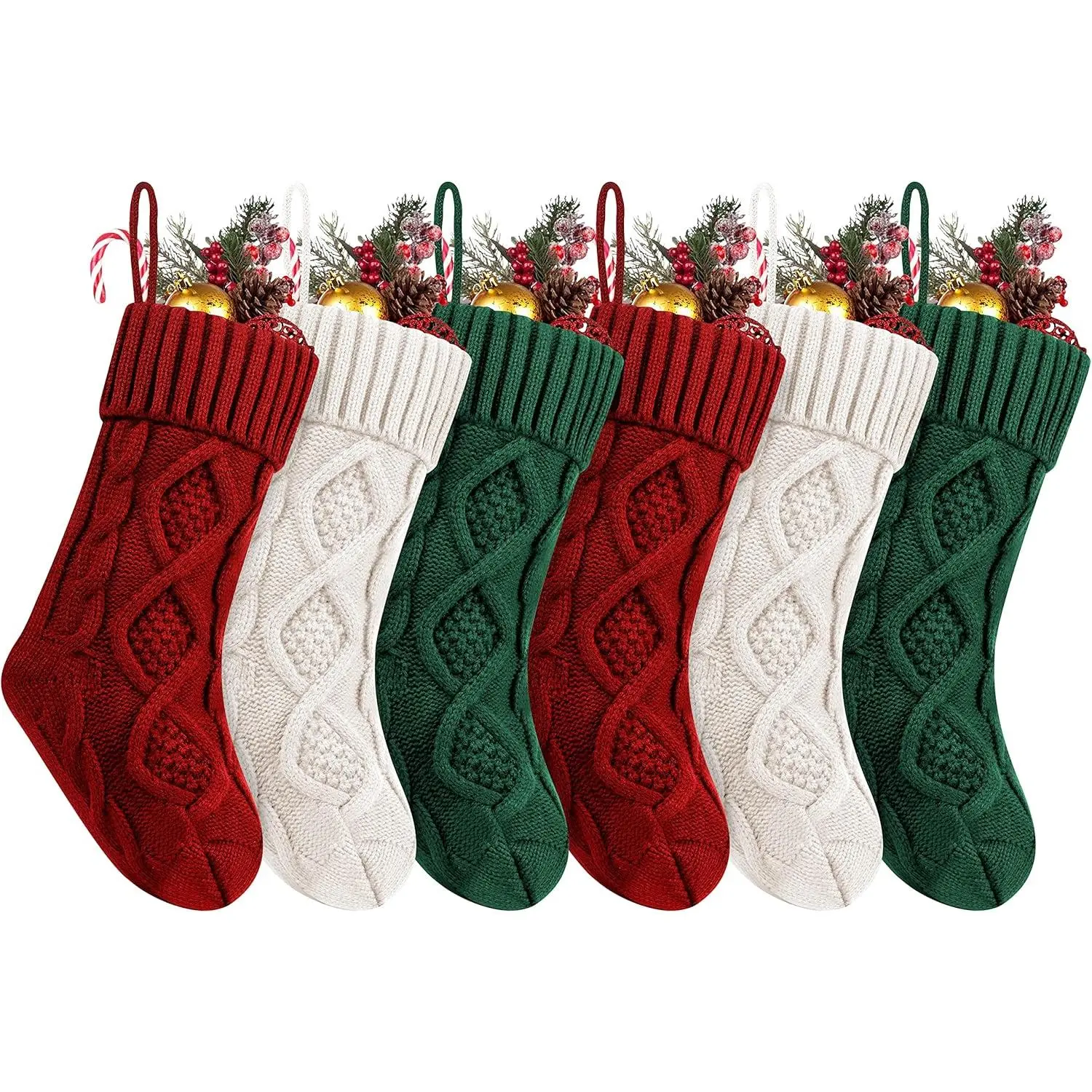 6 Pack Christmas Stockings, 14 Inches  Knitted Stocking Gifts & Decoration for Family Holiday Xmas Party Decor,  White&Burgundy&Green