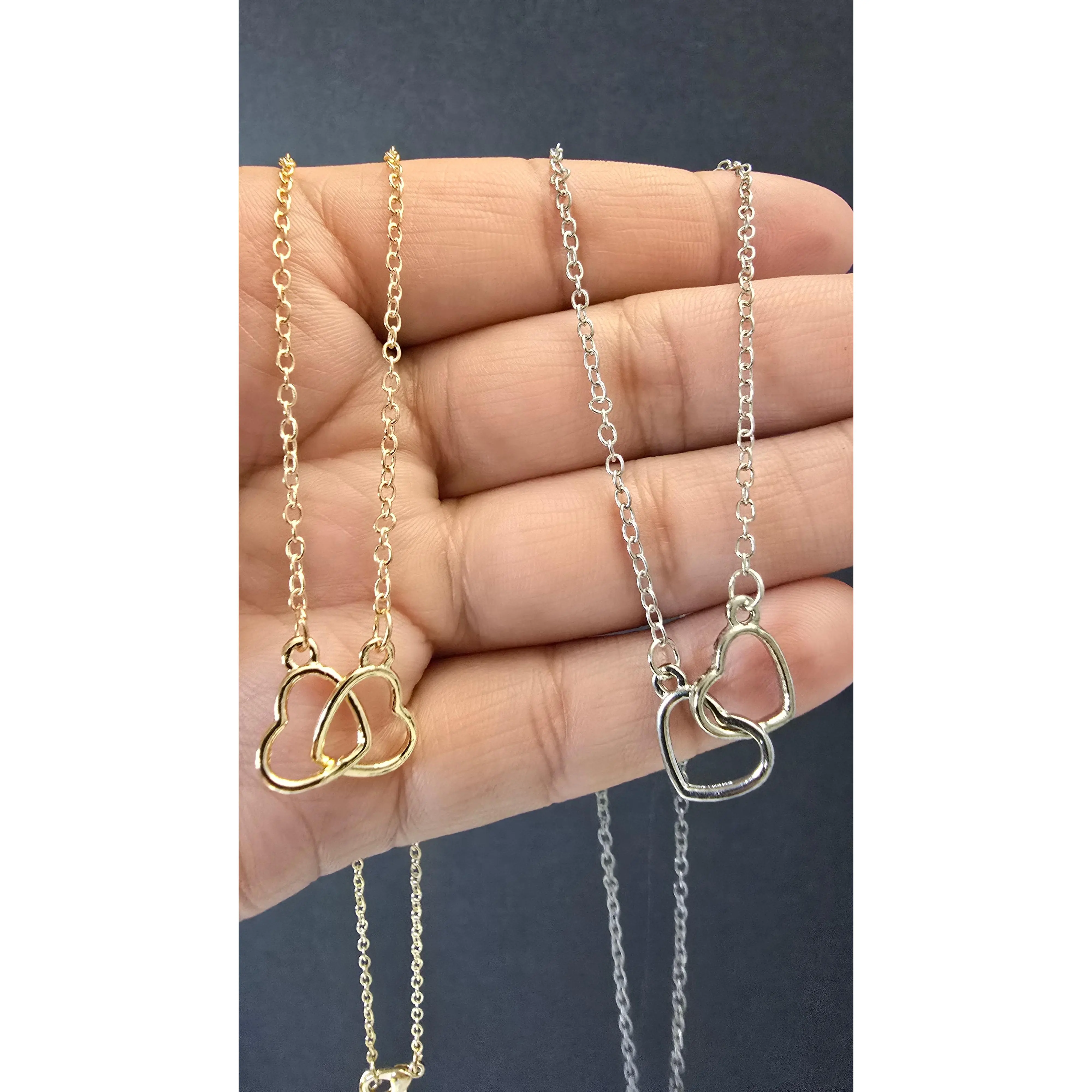 Dainty Double Heart Pendant Choker - Gold/Silver Color-Coated Cable Chain, 16in with 2in Extender, Silver Heart Design, Decorative Jewelry, Color-Coated Style, Silver Heart Necklaces, Decorative Jewelry Necklaces